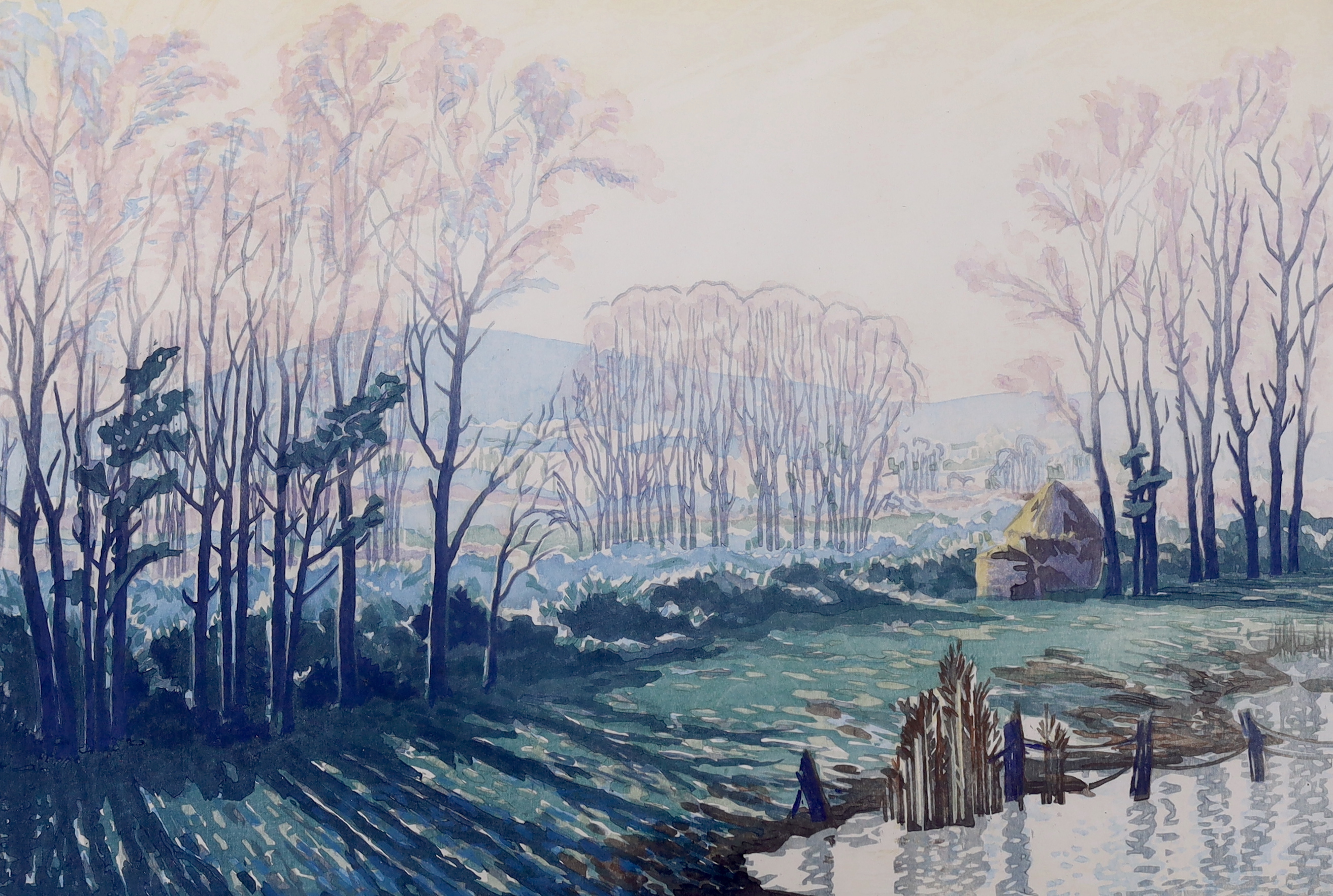 Pair of colour prints, Panoramic river landscape and Woodland, indistinctly signed in pencil possibly Cavendish Morton, 41 x 53cm